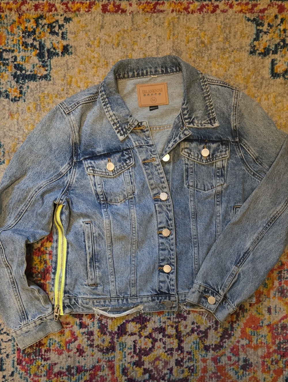 BLANKNYC Yellow Fury Distressed Light Wash Denim Jacket Neon Side Zip M